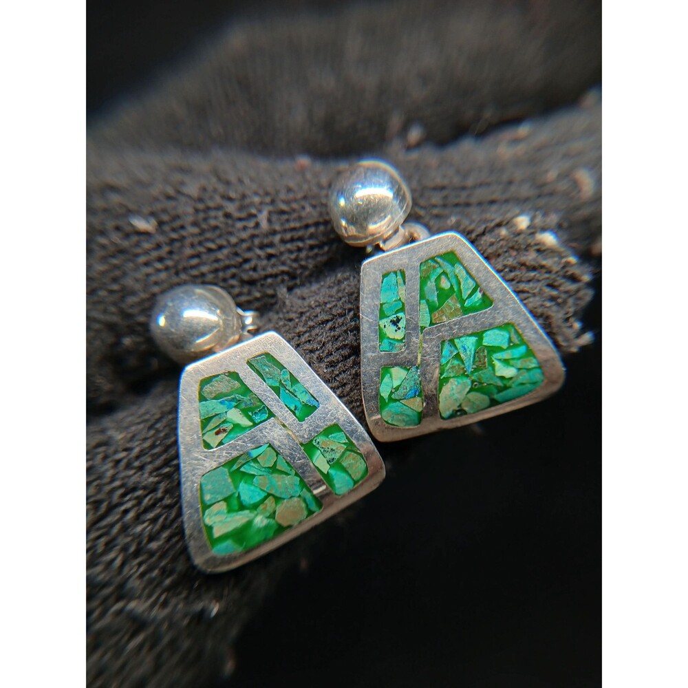 Taxco Mexico 925 Malachite Inlay Earrings TF-47 Sterling 1" Drop